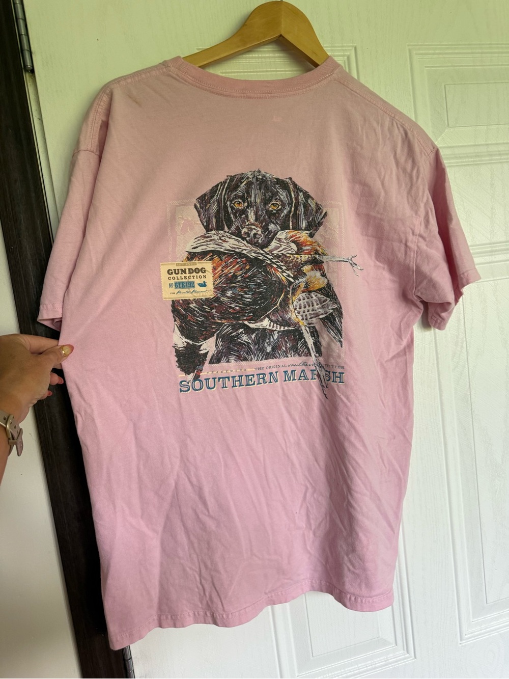 2 for $15 sale: Southern marsh pink graphic t-shirt with a black lab dog